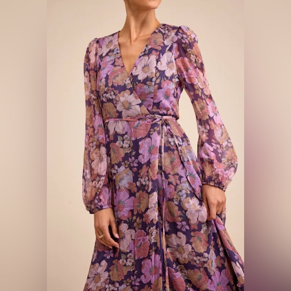 Lulus NWT “Feeling Sweet” Purple Floral Print Long Sleeve Wrap Maxi Dress. Large - Picture 8 of 15